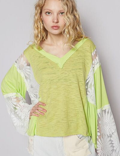 POL Lace Detail V-Neck Flare Sleeve Blouse Neon Lime