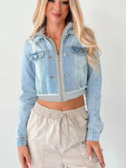 Distressed Zip Up Cropped Hooded Denim Jacket | Denim Jackets Daverri Fashions