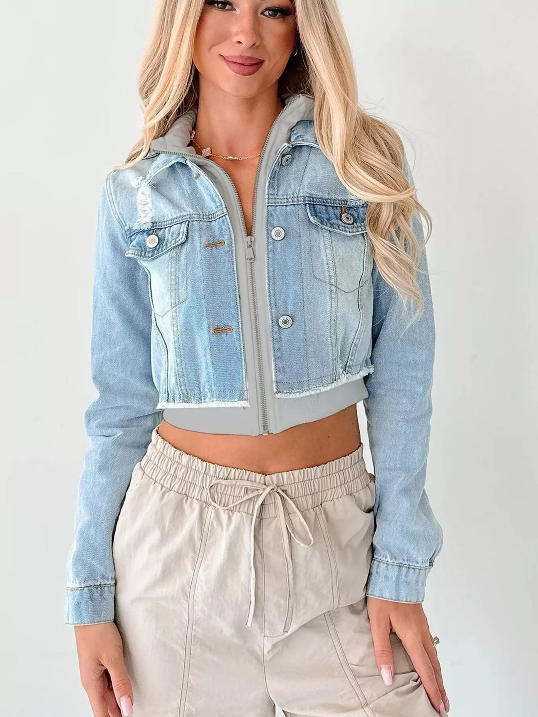 Distressed Zip Up Cropped Hooded Denim Jacket | Denim Jackets Daverri Fashions