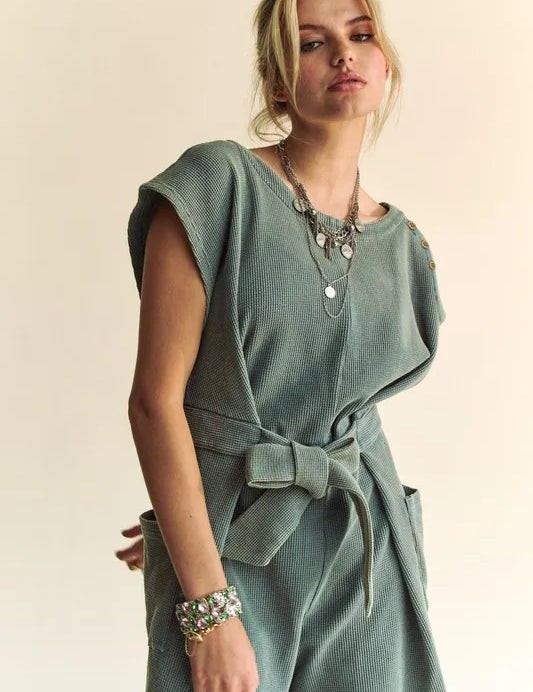 Davi & Dani Acid-Washed Waffle Knit Cuffed Sleeves Romper | Rompers Daverri Fashions