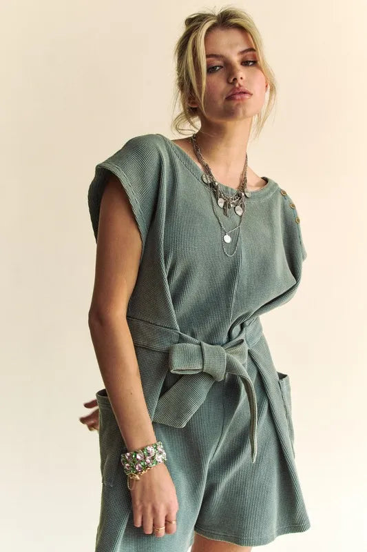 Davi & Dani Acid-Washed Waffle Knit Cuffed Sleeves Romper Rompers