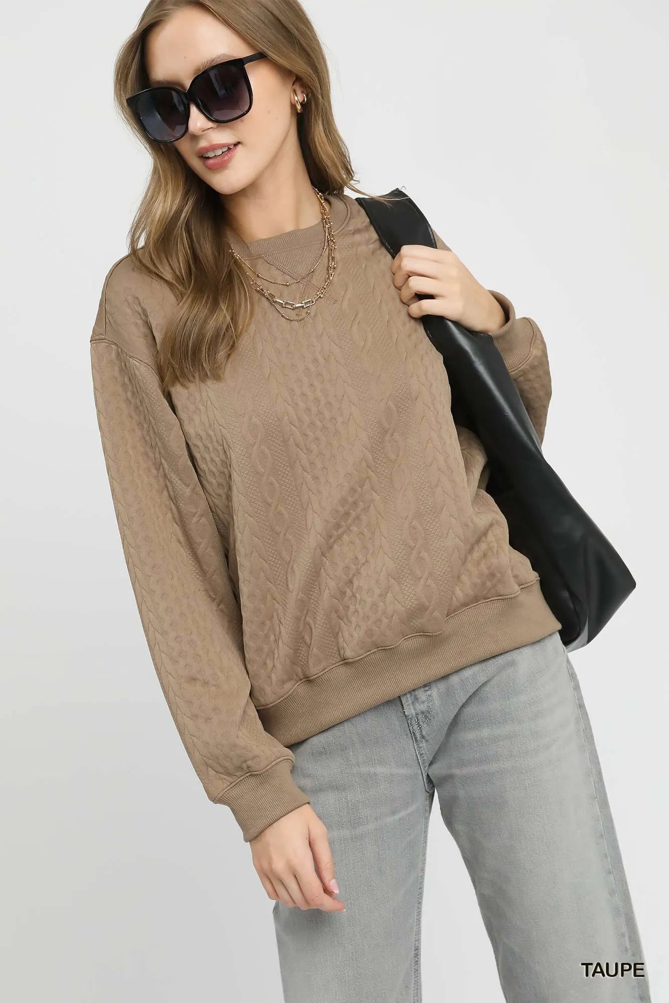 Umgee Cable Texture Pattern Sweatshirt with Ribbed Hem TAUPE Sweatshirts