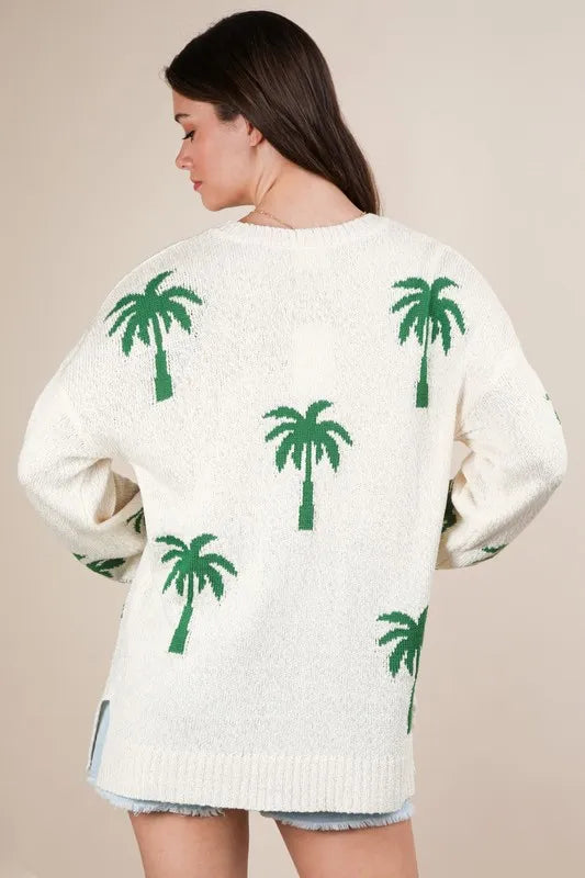 VERY J Palm Tree Graphic Oversized Knit Sweater Sweaters