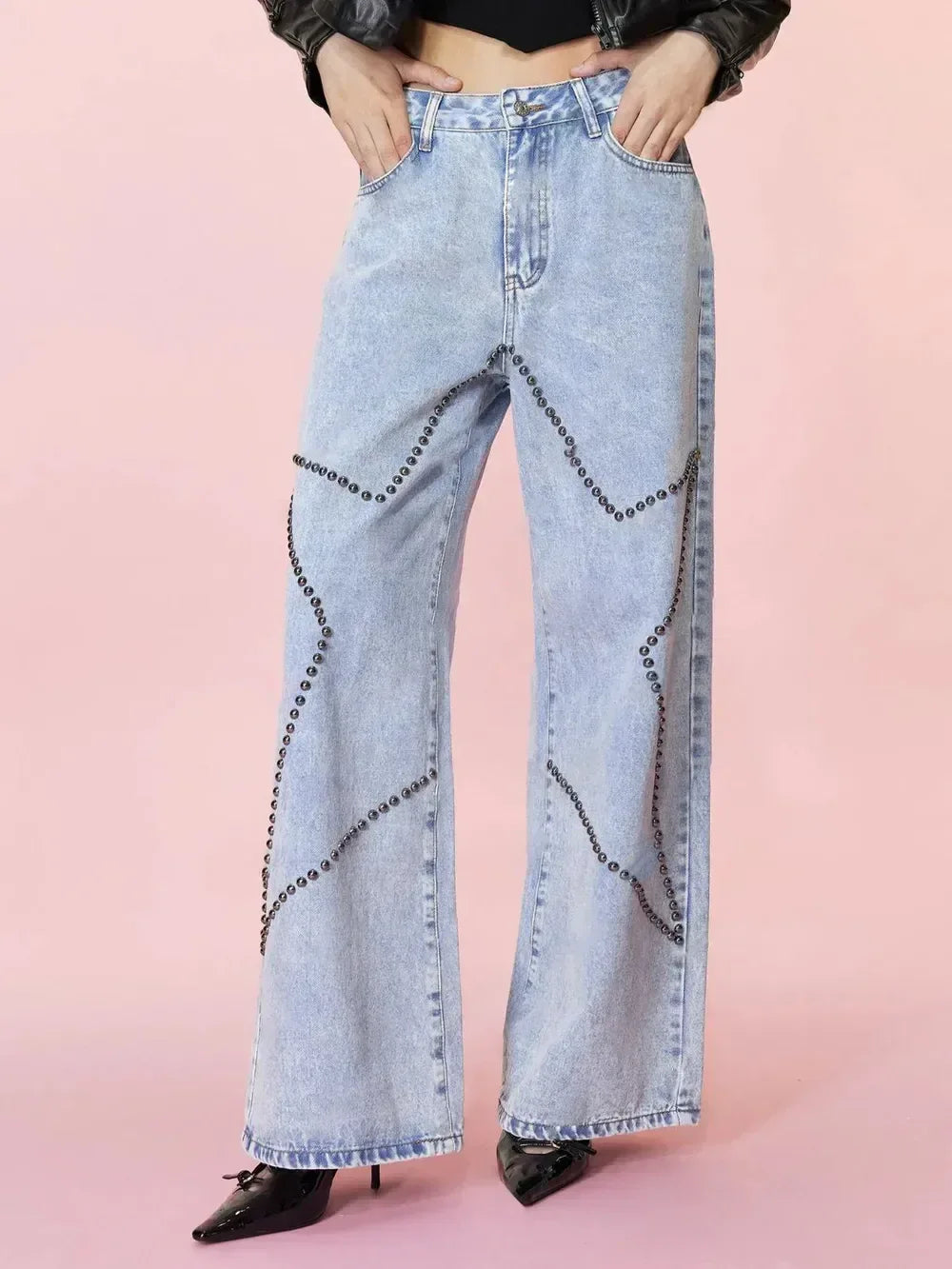 Studded Star Straight Jeans with Pockets - DAVERRI FASHIONS