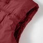 Burgundy drawstring zip-up hooded puffer vest with quilted stitching