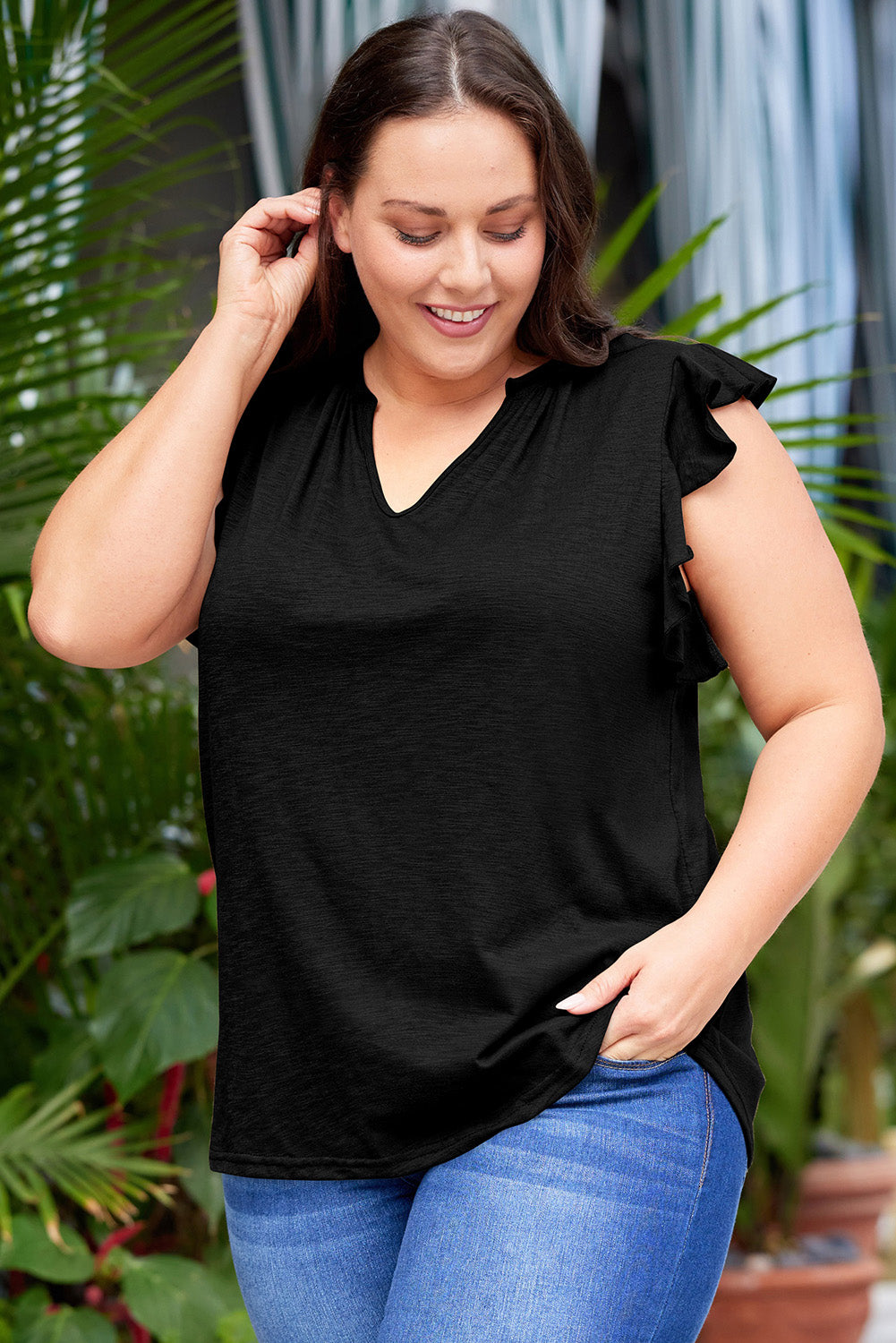 Plus Size Flutter Sleeve Notched Blouse | Blouses Daverri Fashions