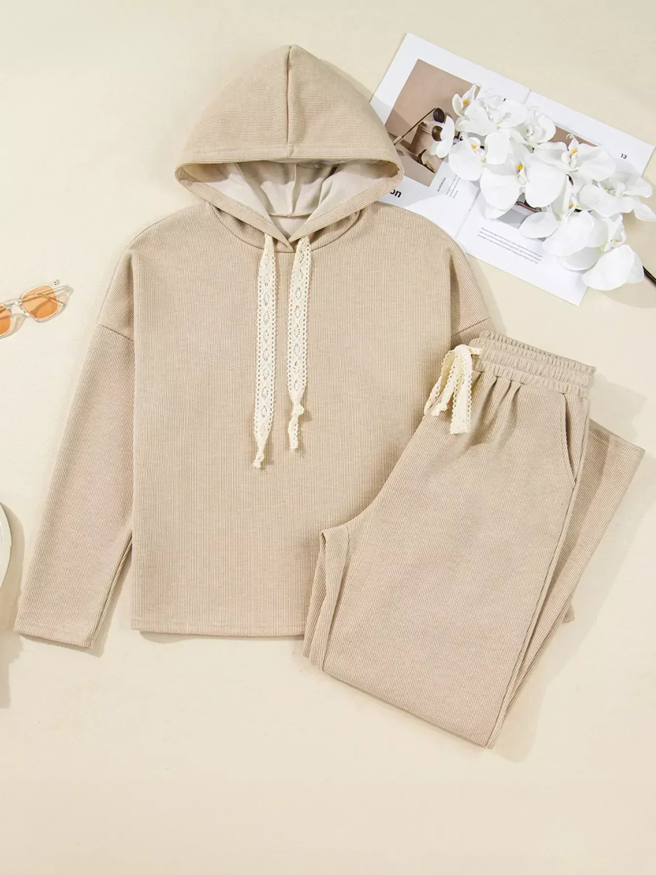 Lace Drawstring Hoodie and High Waist Pants Corduroy Set - DAVERRI FASHIONS