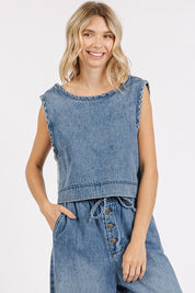 Mittoshop Washed Denim Distressed Detail Crop Tank Medium