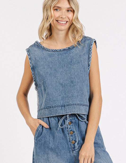 Mittoshop Washed Denim Distressed Detail Crop Tank Medium