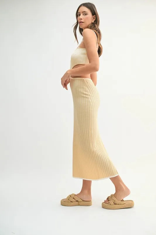 MABLE Ribbed Knit Color Block Cutout Midi Dress