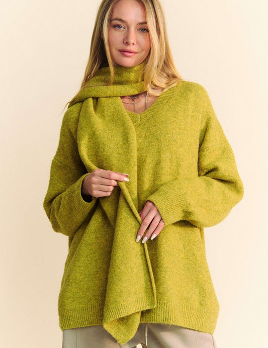 Davi & Dani V-Neck Dropped Shoulder Sweater with Scarf Chartreuse Tops