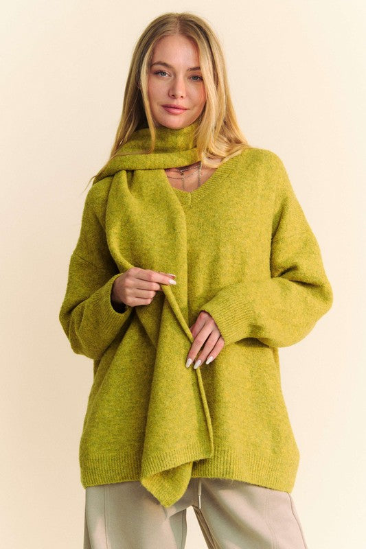 Davi & Dani V-Neck Dropped Shoulder Sweater with Scarf Chartreuse Tops