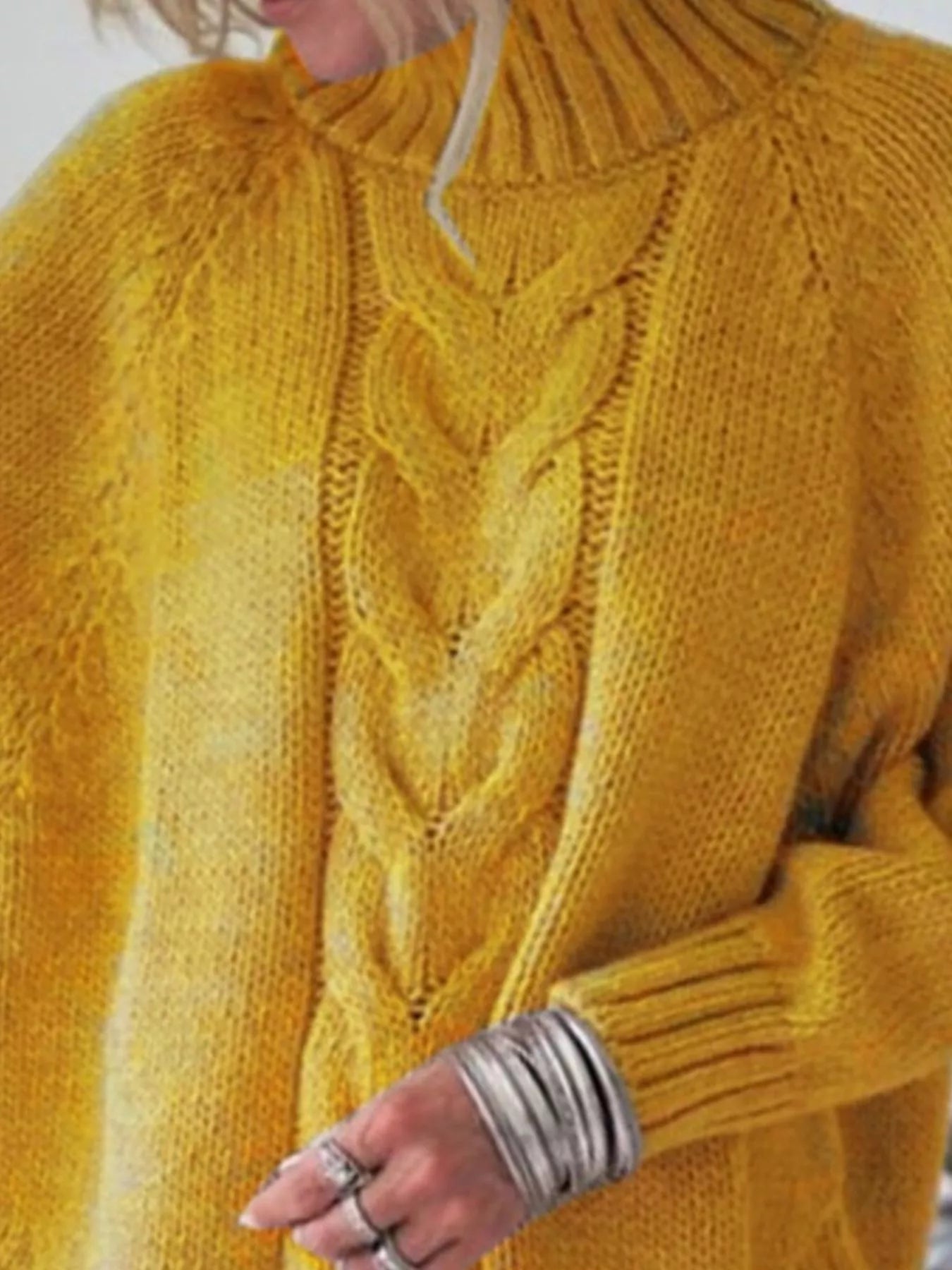 Cozy mustard-yellow cable-knit turtleneck sweater, plus size