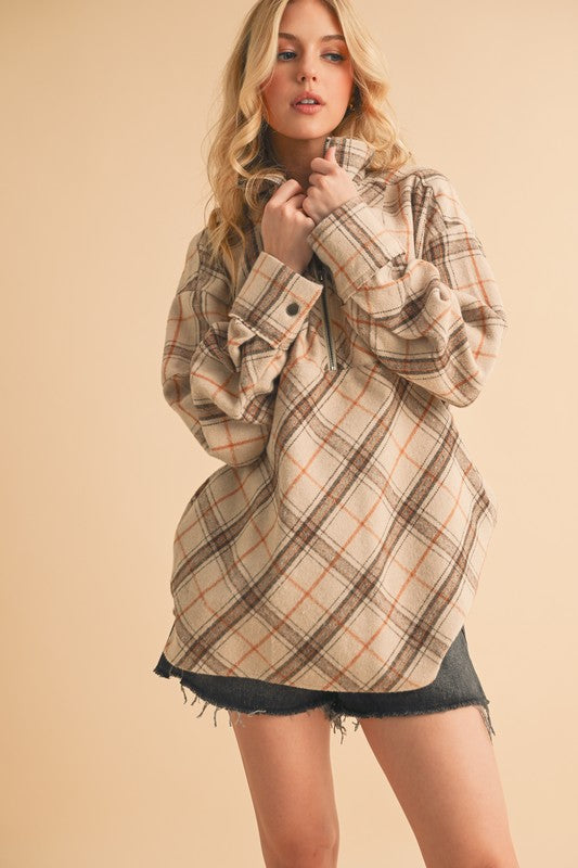 Aemi + Co Slit Plaid Half Zip Drop Shoulder Top Tan