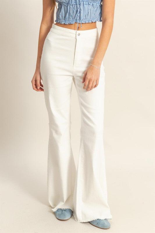 HYFVE Raw Hem High-Waist Washed Flared Jeans White Jeans