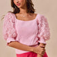 Pink SO ME rosette sleeves square neck knit sweater top