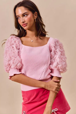 Pink SO ME rosette sleeves square neck knit sweater top