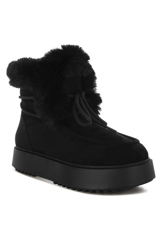 Black Bunting Faux Fur Collar Flatform Boots | Boots Daverri Fashions