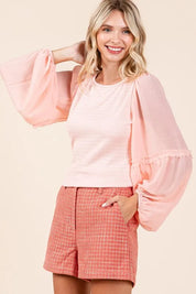 Mittoshop Mixed Media Textured Knit Chiffon Long Sleeve Top | Blouses Daverri Fashions