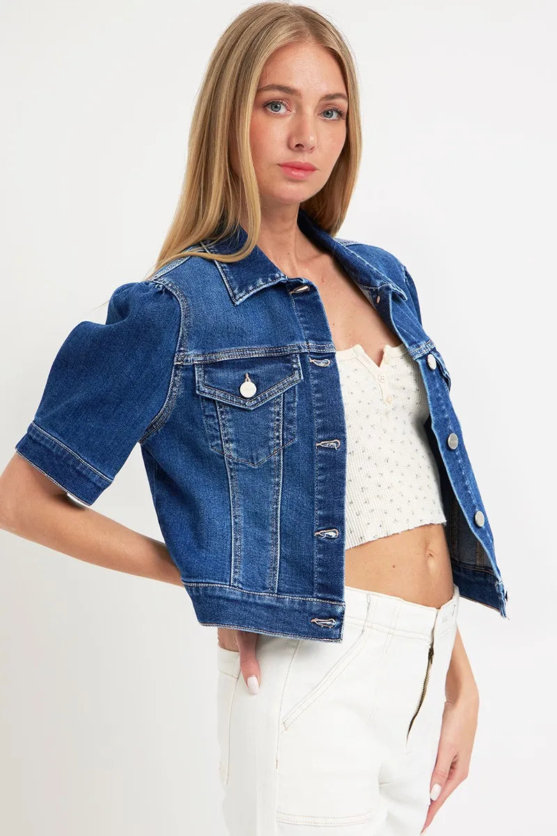 RISEN Puffed Short Sleeve Crop Denim Jackets Denim Jackets