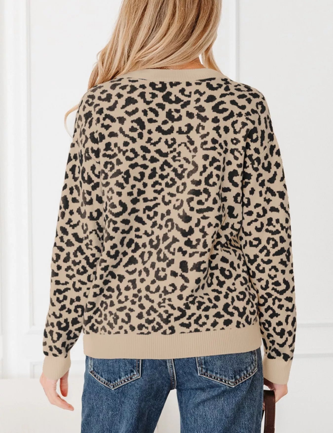 Leopard print drop shoulder chunky knitted cardigan with beige trim