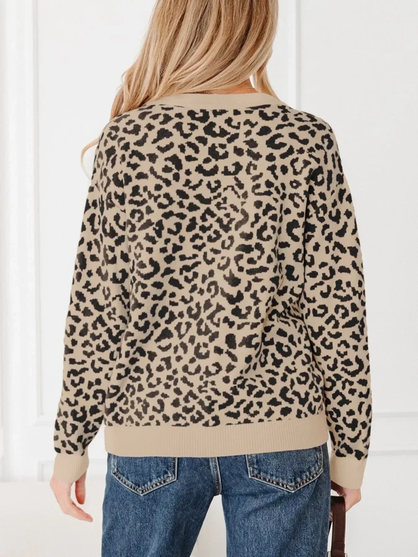 Leopard Drop Shoulder Chunky Knitted Cardigan - DAVERRI FASHIONS