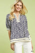 Umgee Geometric Leaf Print Popover Top in navy and cream with puffed sleeves