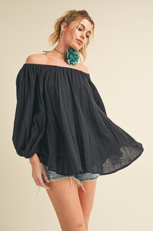 Aemi + Co Off-Shoulder Balloon Sleeve Blouse Black Blouses