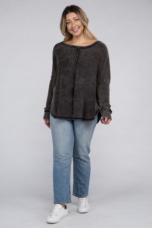 Plus Long Sleeve Cotton Waffle Knit Top Shirts & Tops