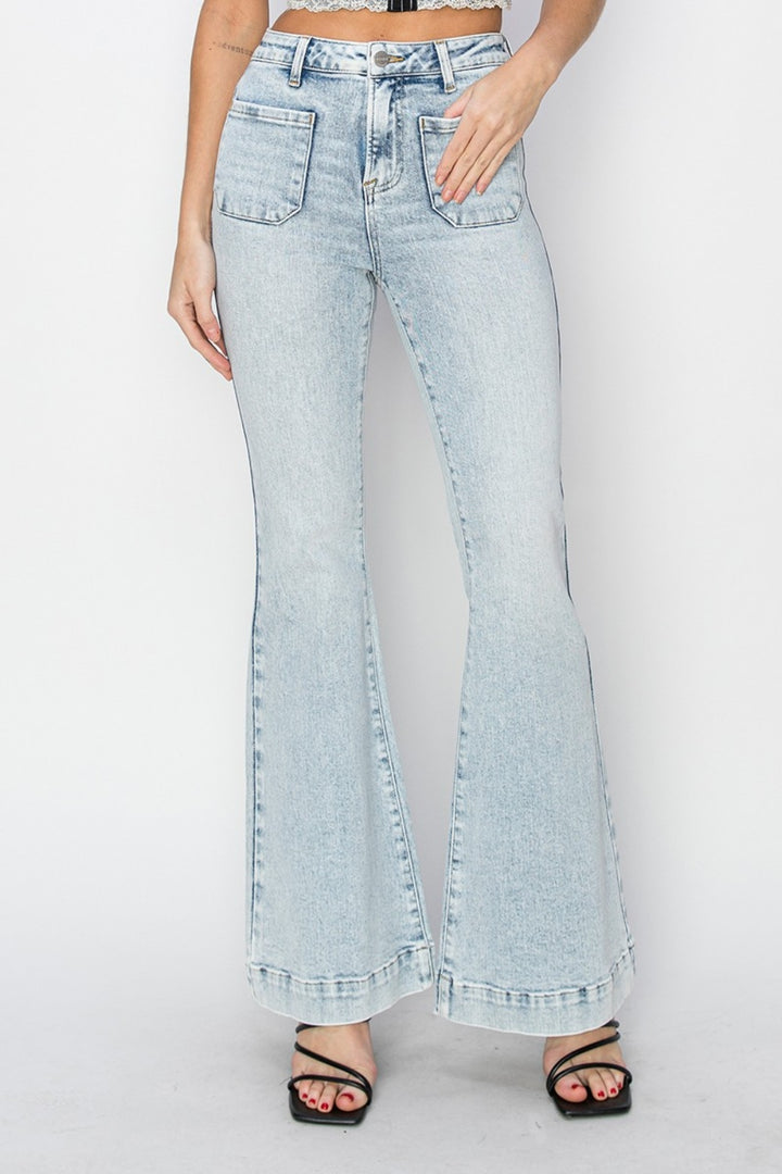 High Rise Front Patch Pocket Flare Jeans Bottoms