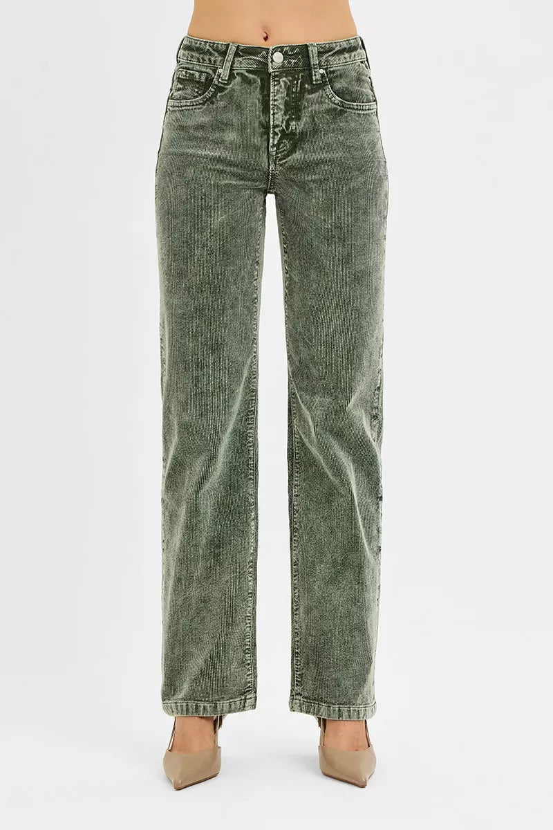 RISEN Tummy Control Mid Rise Straight Leg Corduroy Pants | Daverri Fashions