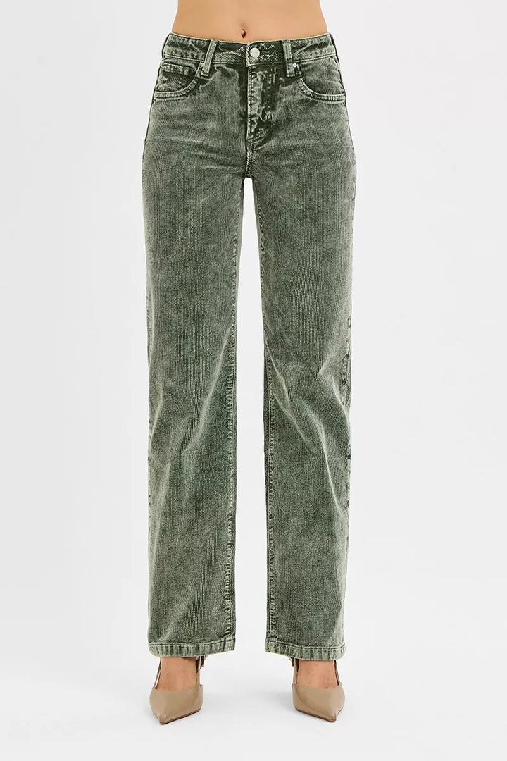 RISEN Tummy Control Mid Rise Straight Leg Corduroy Pants | Daverri Fashions