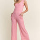 ADORA Ribbed V-Neck Wide Leg Jumpsuit with Pockets