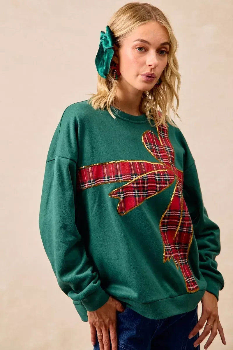 BiBi Plaid Ribbon Bow Detail Christmas Fleece Pullover - DAVERRI FASHIONS