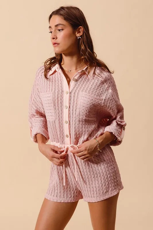 SO ME Textured Knit Button Front Romper Rompers