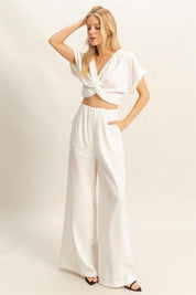 Off White L HYFVE Twisted Front Short Sleeve Top and Wide Leg Pants Set | Outfit Sets Daverri Fashions