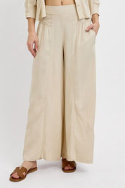 RISEN Shirring Detail Wide Leg Pants Taupe