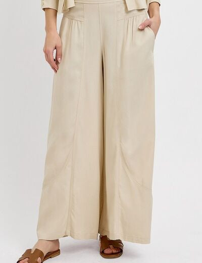 RISEN Shirring Detail Wide Leg Pants Taupe