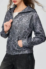 Pocketed Leopard Zip Up Hooded Jacket | Jackets Daverri Fashions