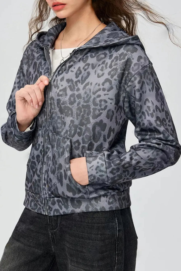 Pocketed Leopard Zip Up Hooded Jacket | Jackets Daverri Fashions