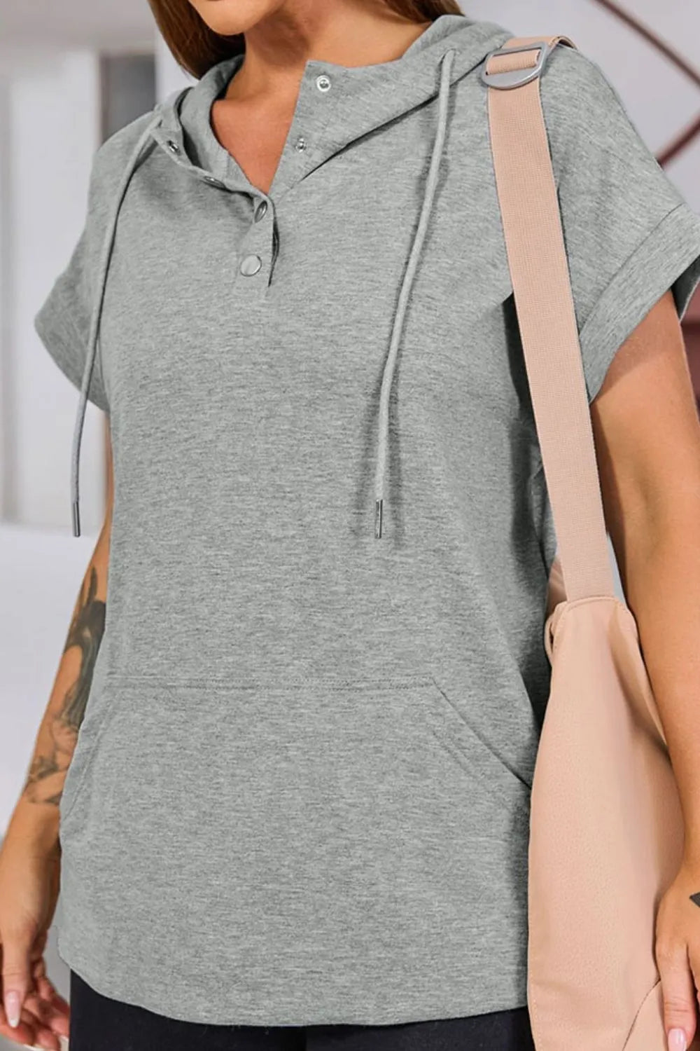 Heather gray drawstring quarter snap cap sleeve hoodie with pocket