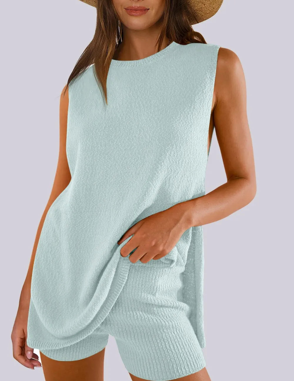 Mint Blue Side Slit Round Neck Tank and Ribbed Shorts Sweater Set | Outfit Sets Daverri Fashions