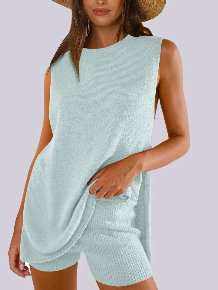 Mint Blue Side Slit Round Neck Tank and Ribbed Shorts Sweater Set | Outfit Sets Daverri Fashions
