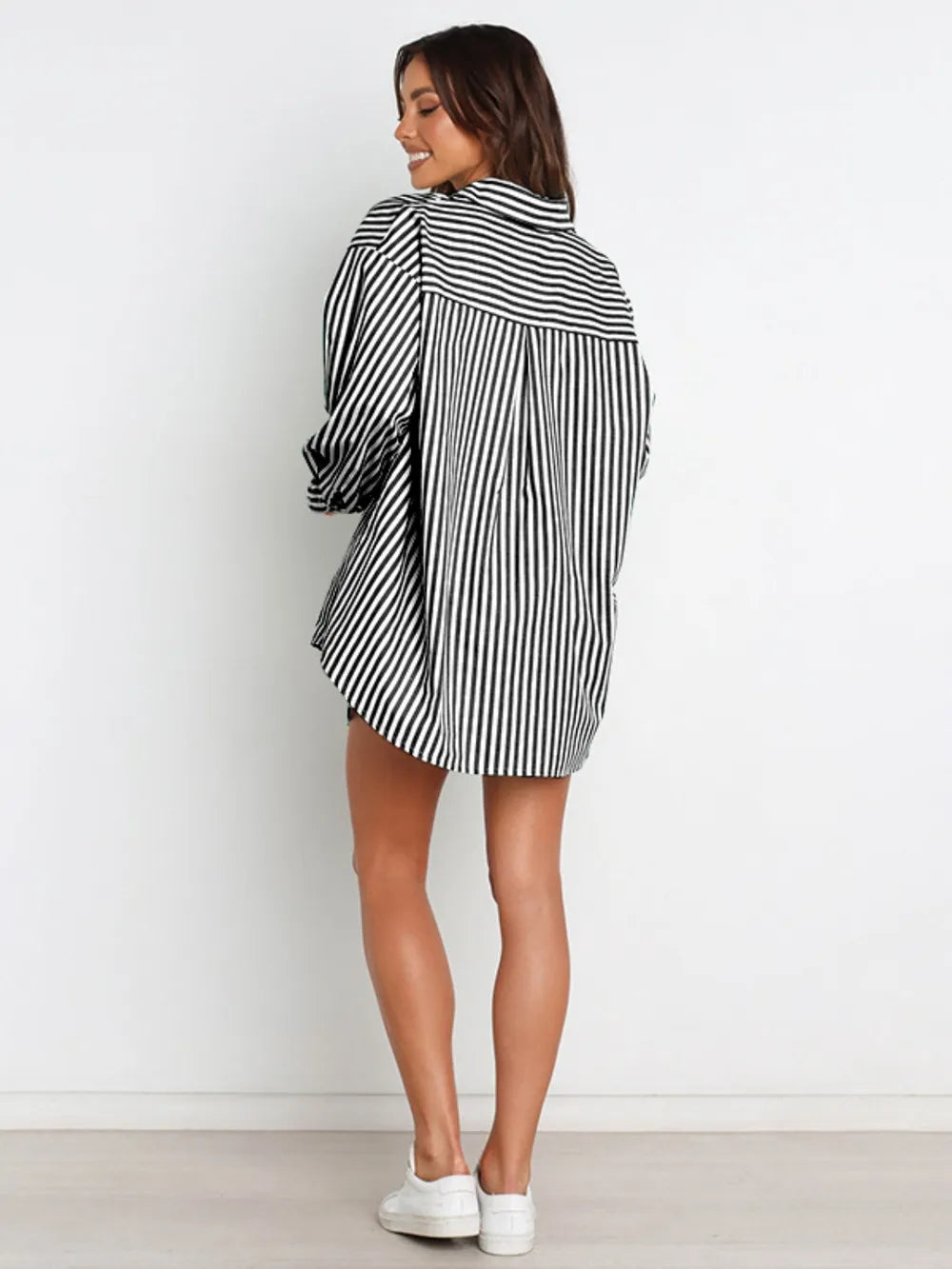 Black and white striped oversized button-up shirt dress from Striped Dropped Shoulder Set