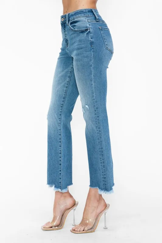bytos Raw Hem Distressed Mid Rise Crop Jeans | Jeans Daverri Fashions