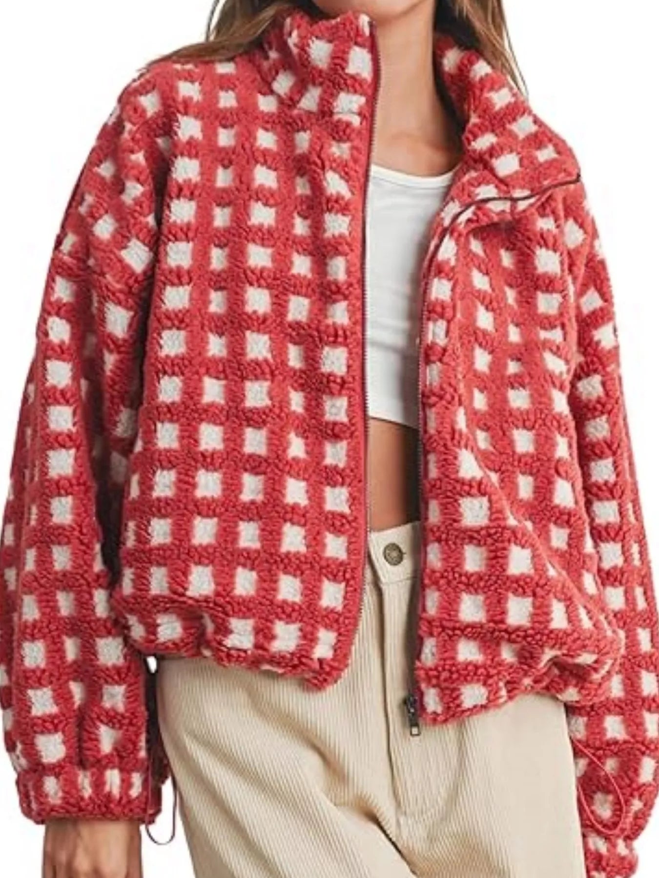 Daverri Plaid Zip Up Sherpa Jacket in red and white checkered fleece
