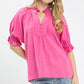 Bright pink Umgee linen scalloped ruffle neck blouse with lace trim