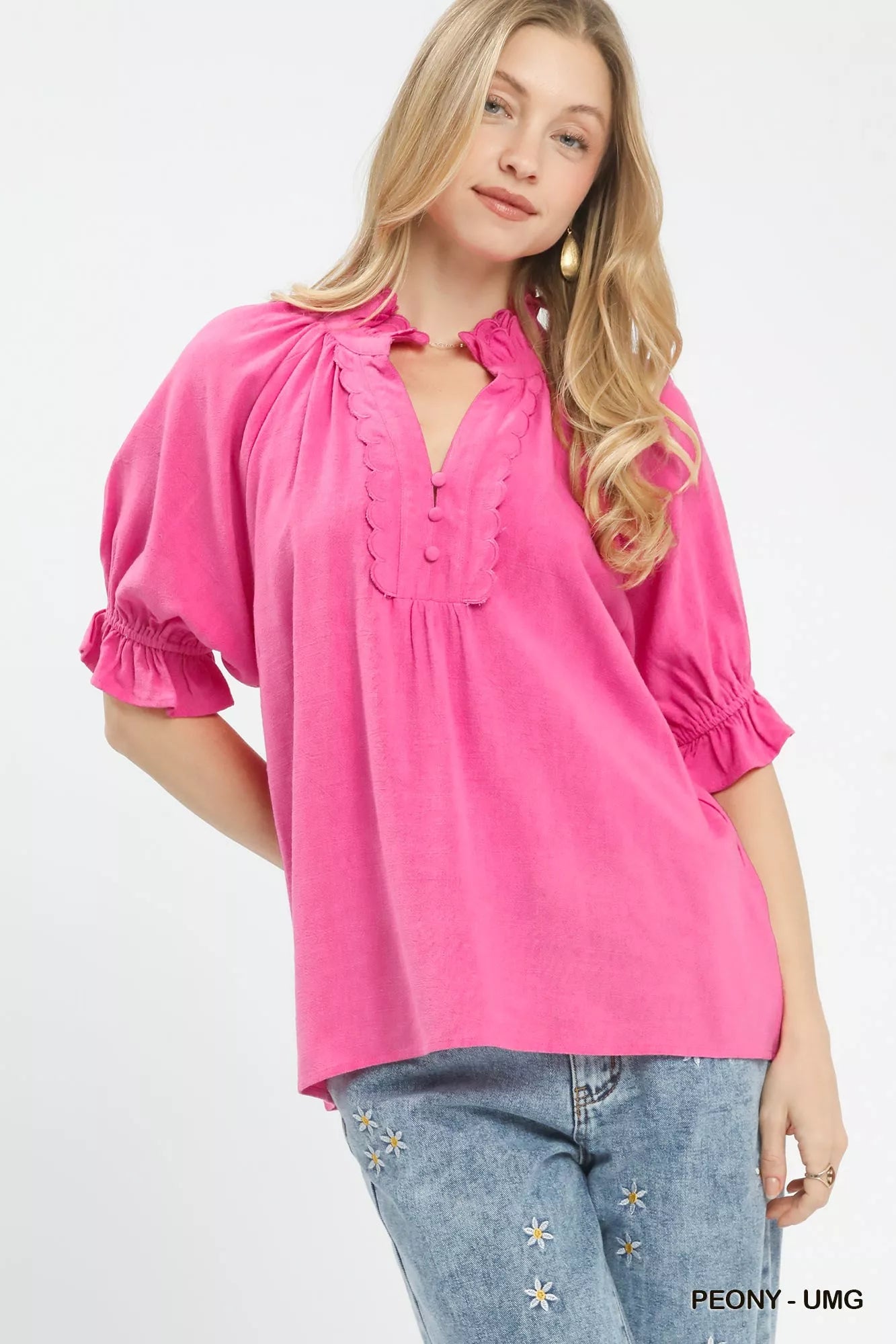 Bright pink Umgee linen scalloped ruffle neck blouse with lace trim