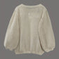 Daverri relaxed fit round neck cream knit sweater with mesh and puffed sleeves