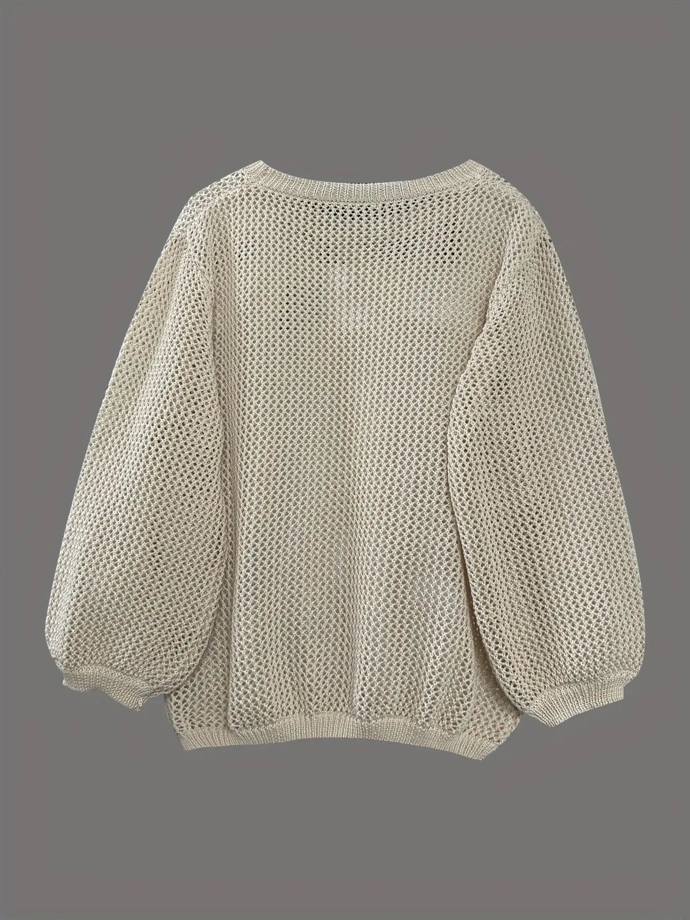 Daverri relaxed fit round neck cream knit sweater with mesh and puffed sleeves